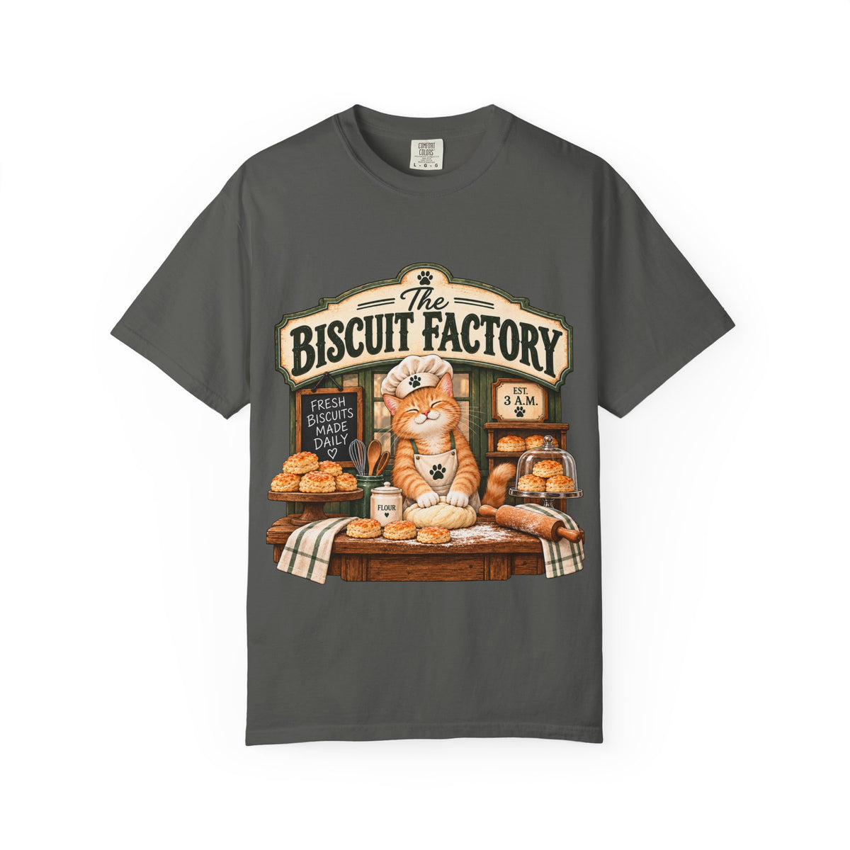 The Biscuit Factory Cat Tee — Double-Sided Bakery Cat Shirt