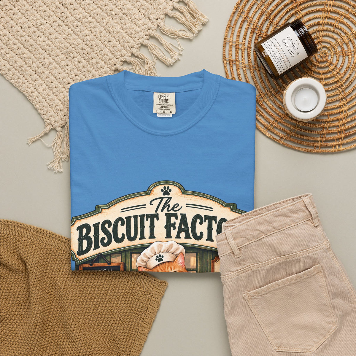 The Biscuit Factory Cat Tee — Double-Sided Bakery Cat Shirt