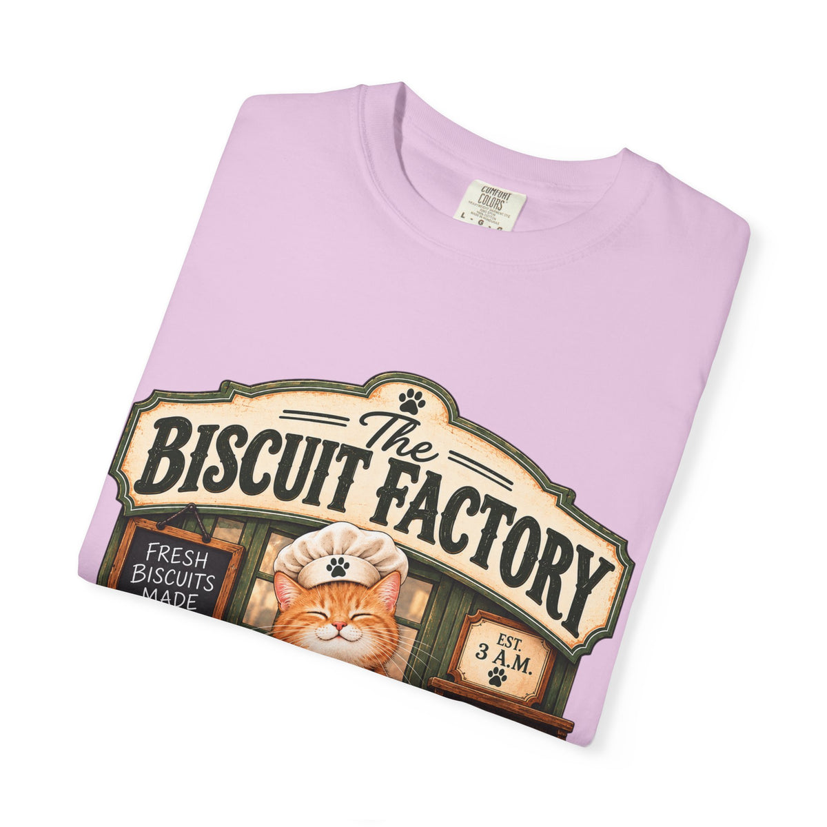The Biscuit Factory Cat Tee — Double-Sided Bakery Cat Shirt