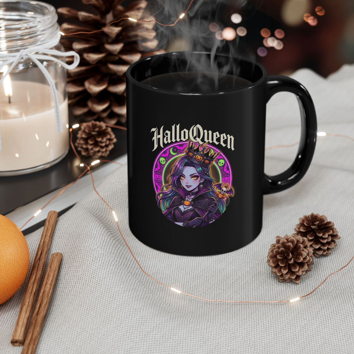 Halloween Queen Black Mug — Gothic Witch Illustration Coffee Cup (11oz/15oz)