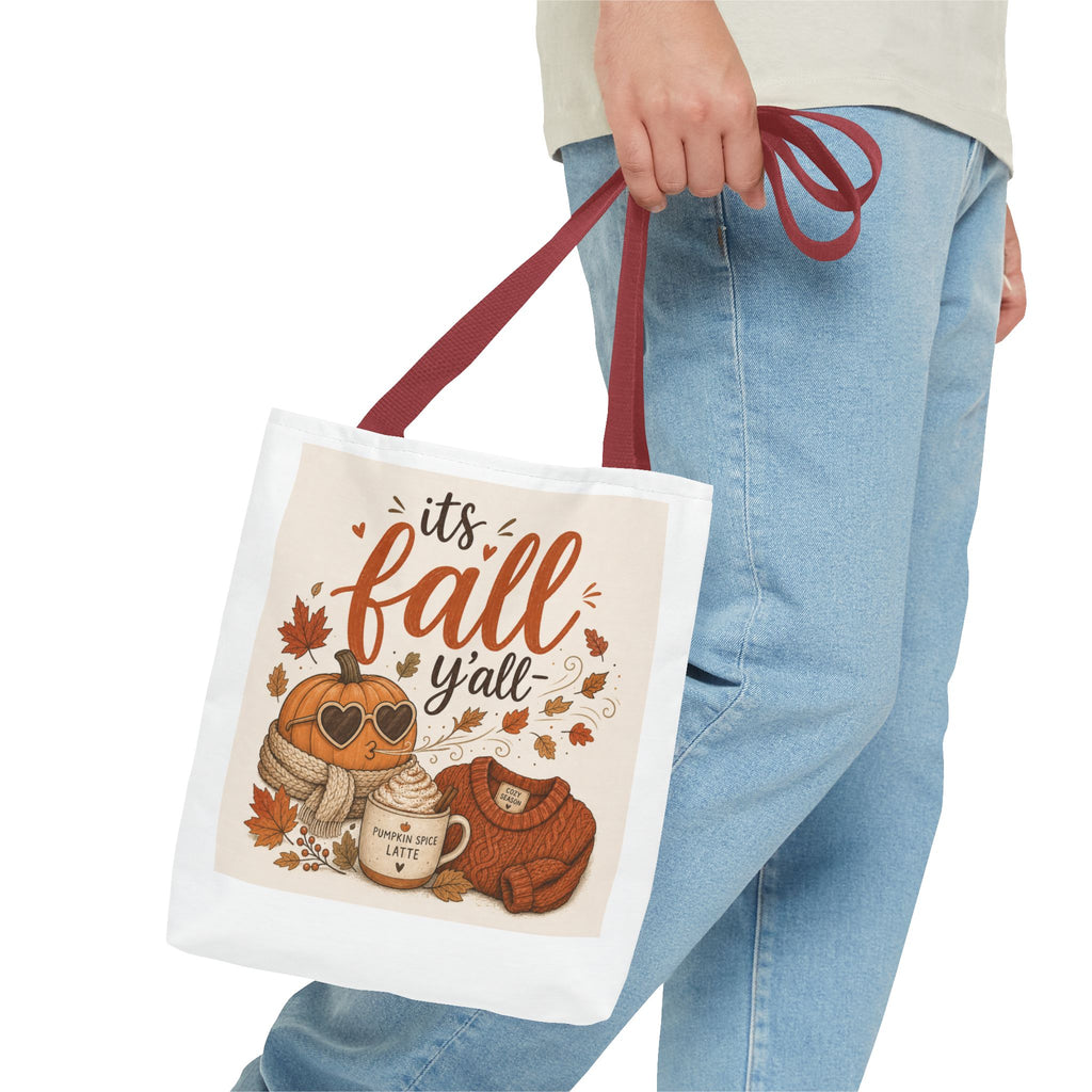 Fall Tote Bag – "It's Fall Y'all" Pumpkin Sweater Coffee Graphic