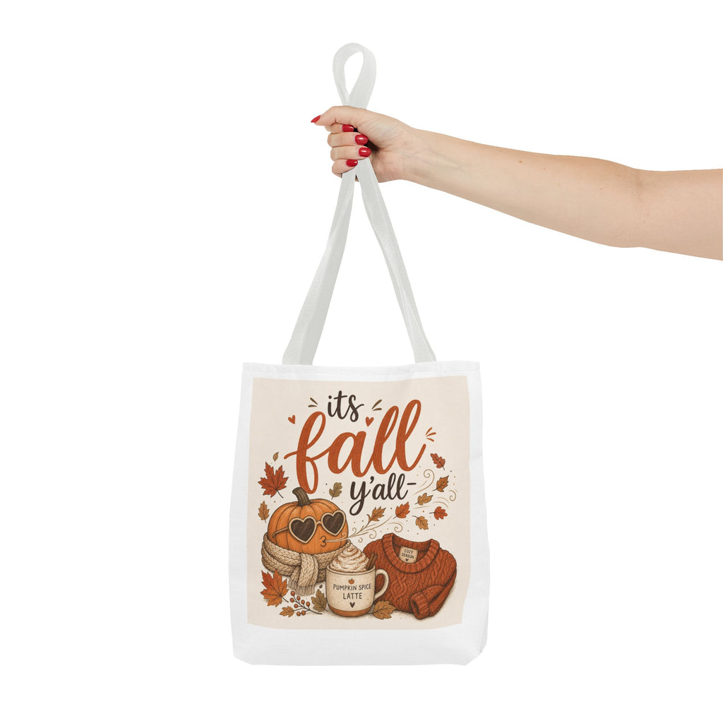 Fall Tote Bag – "It's Fall Y'all" Pumpkin Sweater Coffee Graphic
