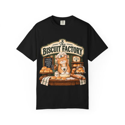 The Biscuit Factory Cat Tee — Double-Sided Bakery Cat Shirt