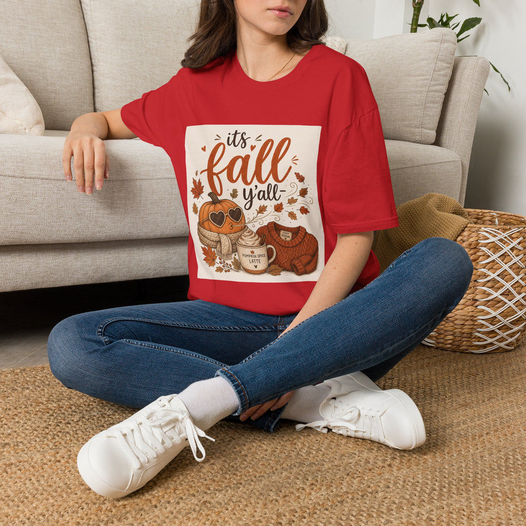 Fall Graphic T-Shirt — "It's Fall Y'all" Pumpkin & Leaves Autumn Tee