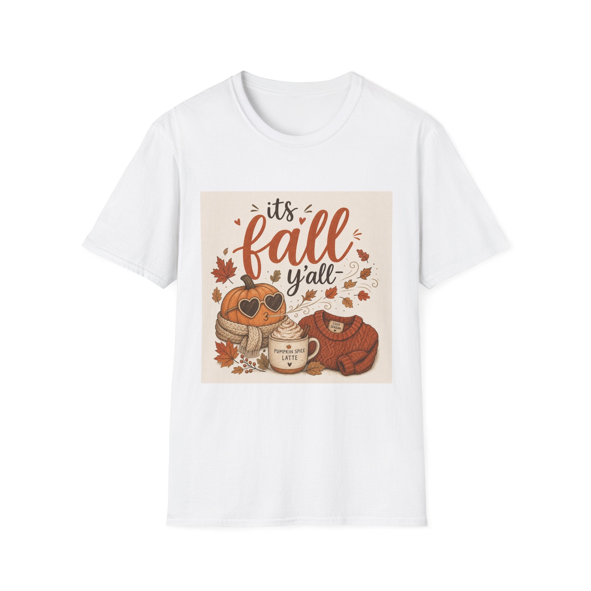 Fall Graphic T-Shirt — "It's Fall Y'all" Pumpkin & Leaves Autumn Tee