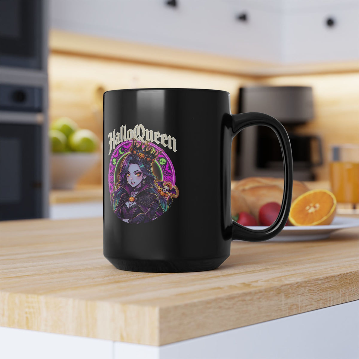 Halloween Queen Black Mug — Gothic Witch Illustration Coffee Cup (11oz/15oz)