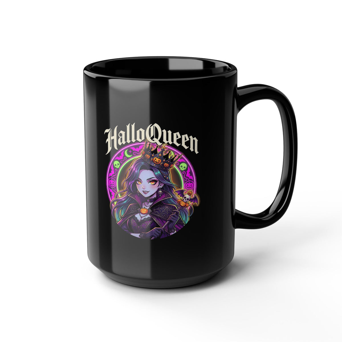 Halloween Queen Black Mug — Gothic Witch Illustration Coffee Cup (11oz/15oz)