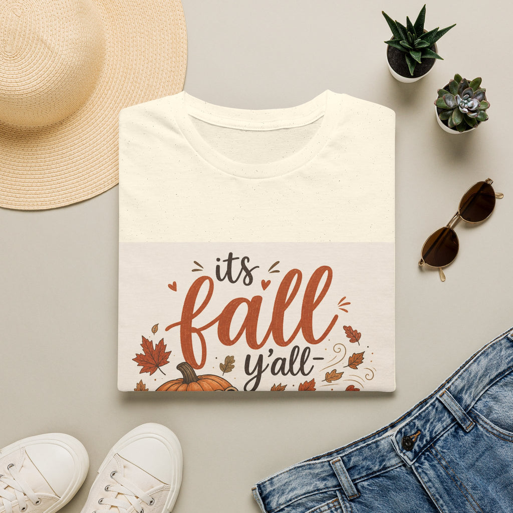 Fall Graphic T-Shirt — "It's Fall Y'all" Pumpkin & Leaves Autumn Tee