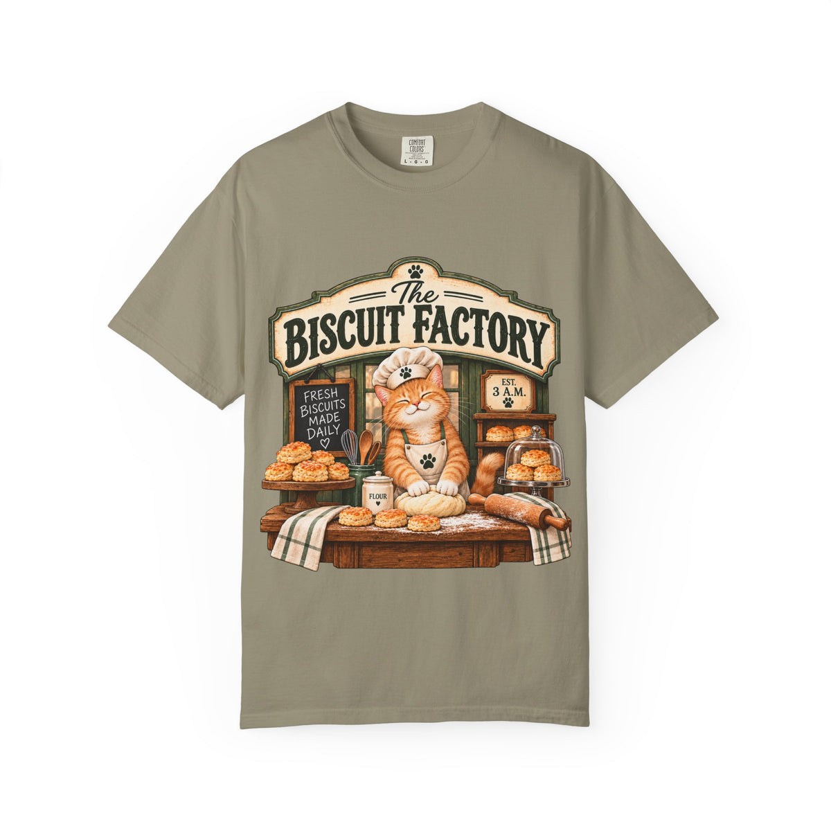 The Biscuit Factory Cat Tee — Double-Sided Bakery Cat Shirt