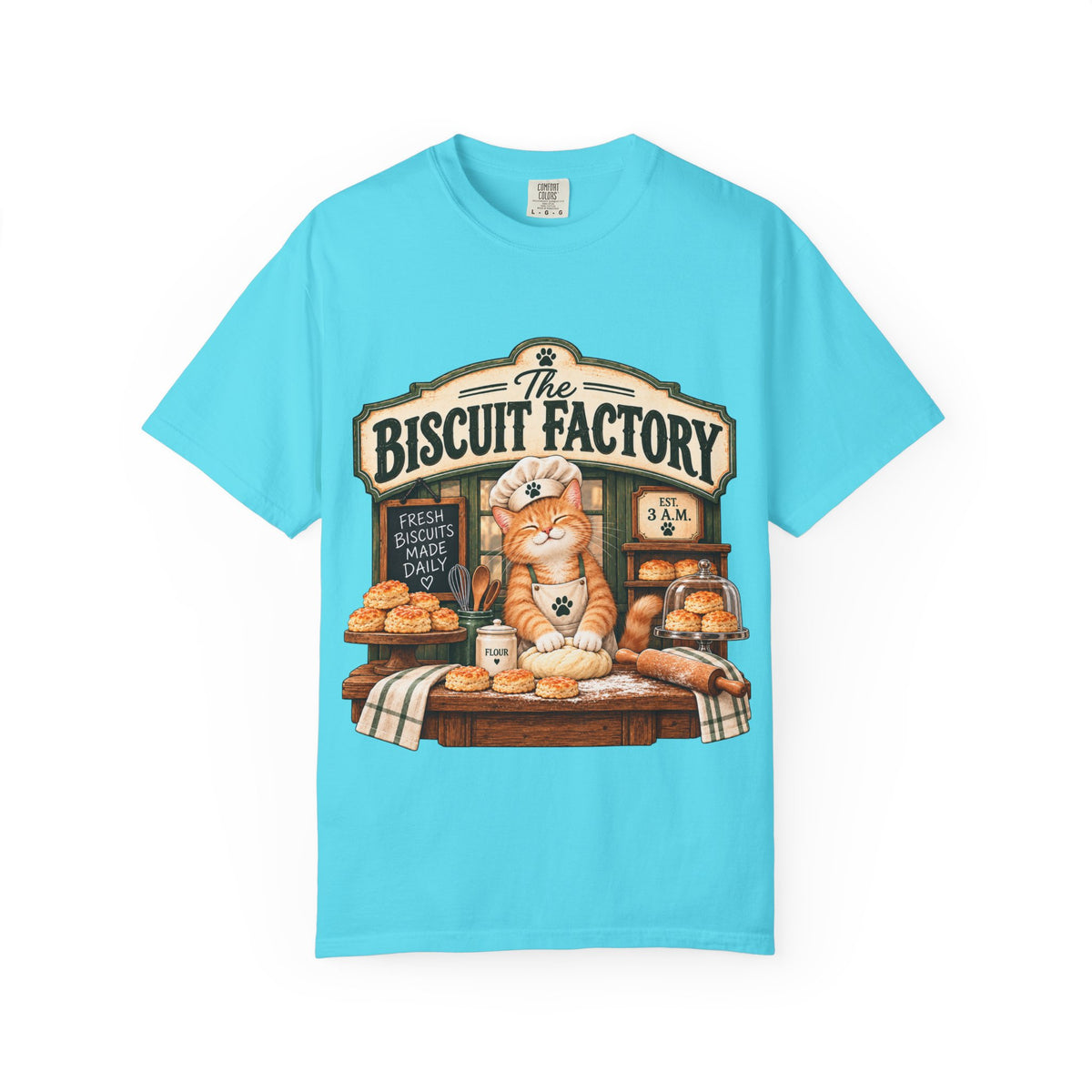 The Biscuit Factory Cat Tee — Double-Sided Bakery Cat Shirt